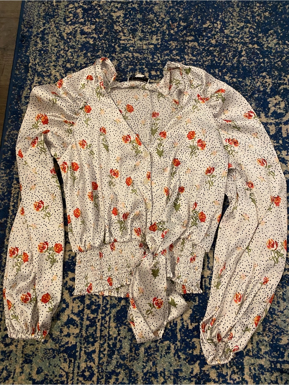 Topshop White Floral Tie-Front Blouse with Puff Sleeves